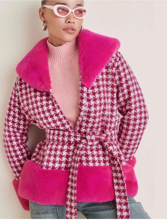 VENUS Jackets & Blazers - VENUS Printed Houndstooth Faux Fur Trim Coat Jacket NWT